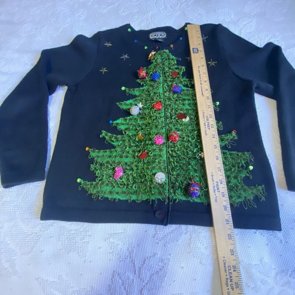 Berek 2 Sweater Christmas Tree 3D Sz S VTG Takako Saxon‎ Black Button Down Front